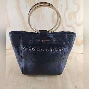 Karl Lagerfeld Black Leather Mini Sam HandBag with Round Silver Handles